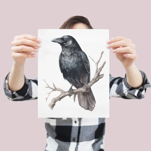 Watercolor Black Crow Wall Art Print Unframed - Black Bird Illustration Artwork - Picture 4 of 6